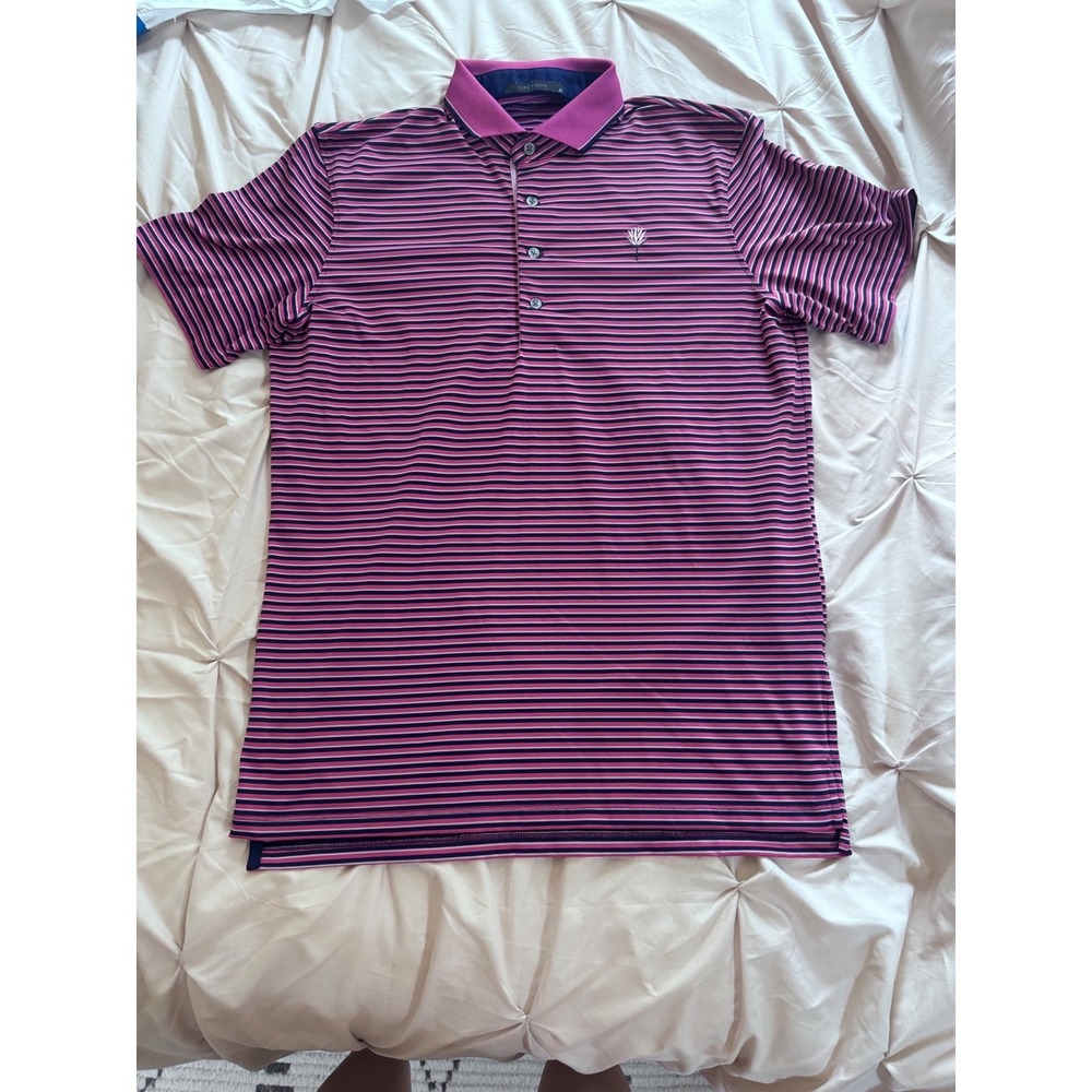 Greyson Mens Performance Polo Shirt Pink Purple Striped Short Sleeve Golf Size M